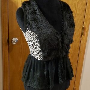 A'reve black white lace layered look faux fur vest